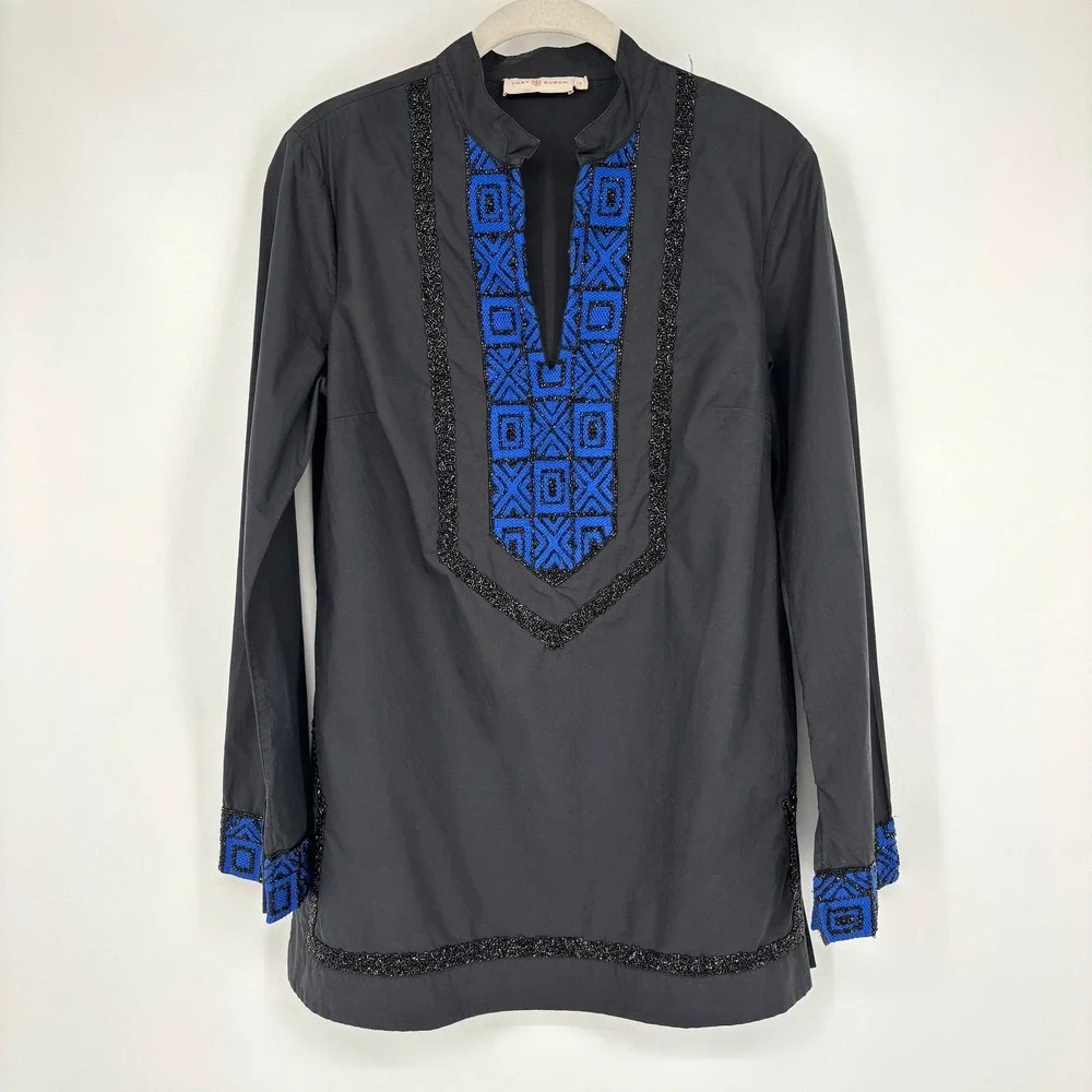Tory Burch Cotton Tunic‎ Blue Black Embroidered Beaded Boho Top Size 6